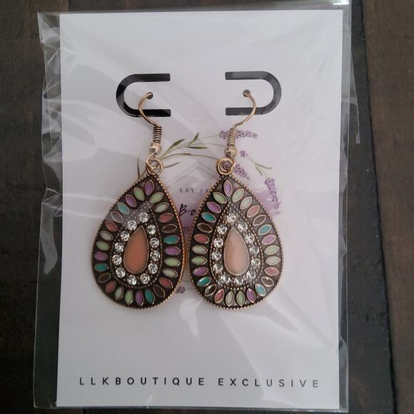 Rhinestone Multicolor Gold Tone Teardrop Dangle Earrings - Picture 7 of 10